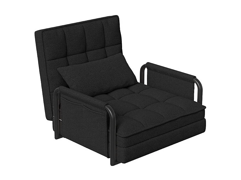 Fauteuil convertible 1 place en tissu bouclette noir, 5 positions réglables, chauffeuse lit avec poches latérales