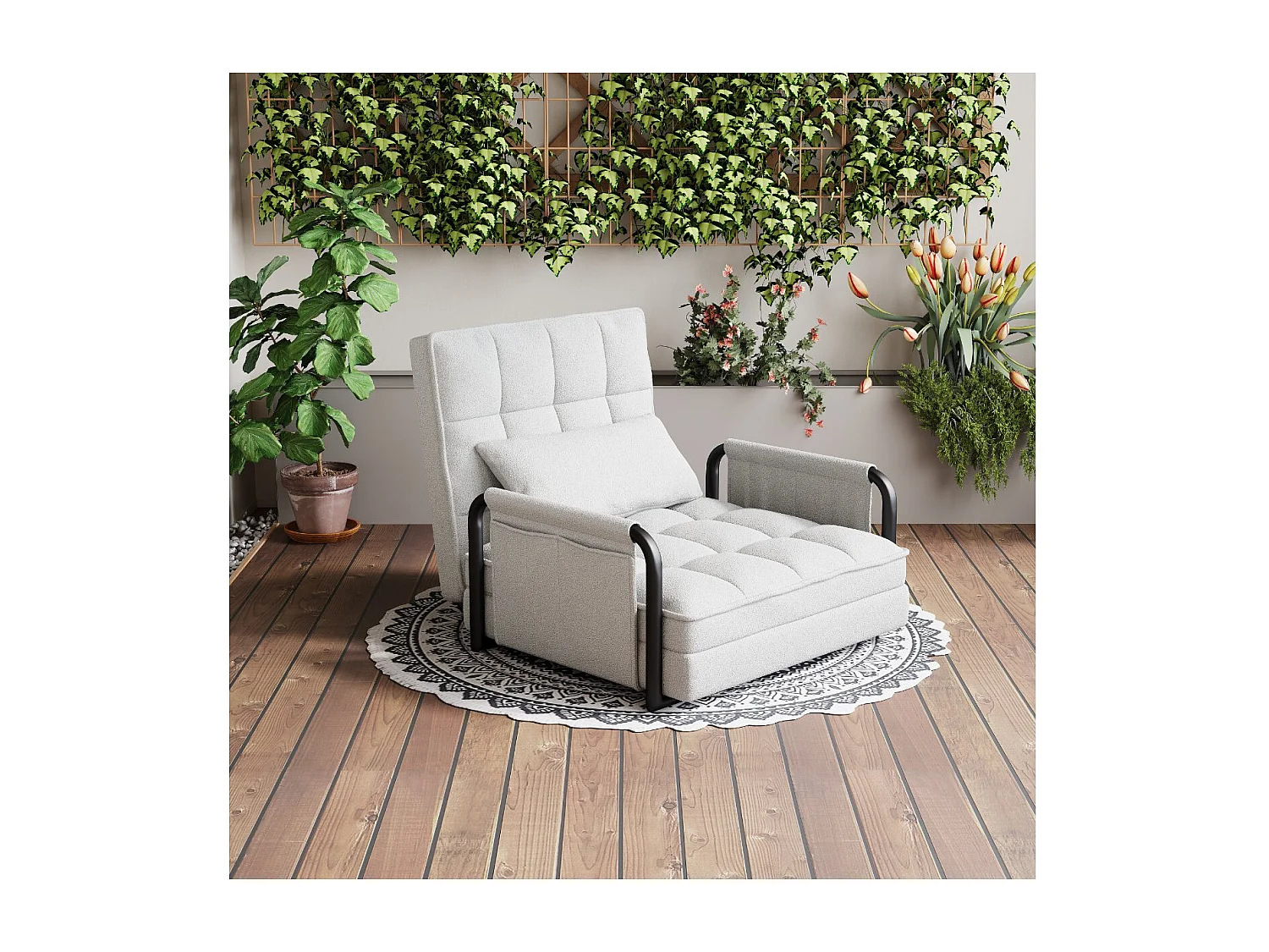 Fauteuil convertible 1 place en tissu bouclette blanc, 5 positions réglables, chauffeuse lit avec poches latérales