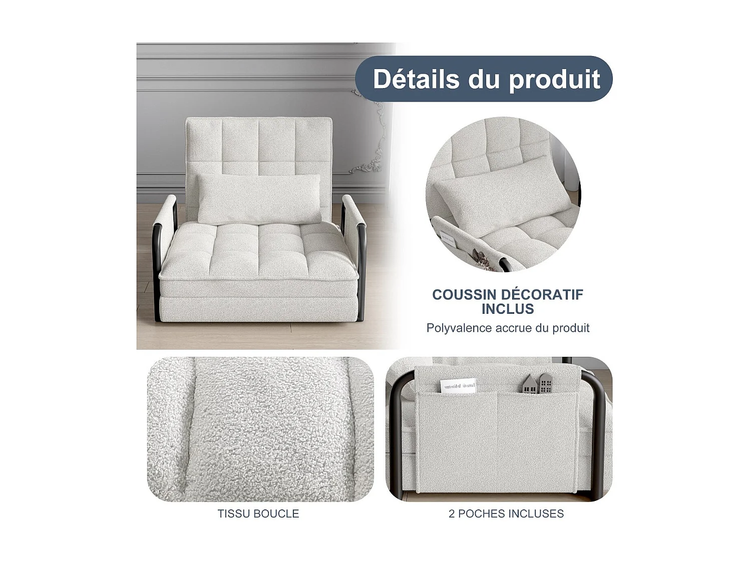 Fauteuil convertible 1 place en tissu bouclette blanc, 5 positions réglables, chauffeuse lit avec poches latérales