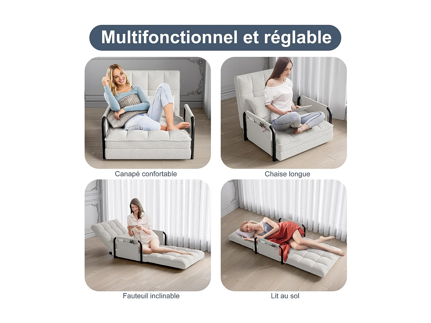 Fauteuil convertible 1 place en tissu bouclette blanc, 5 positions réglables, chauffeuse lit avec poches latérales