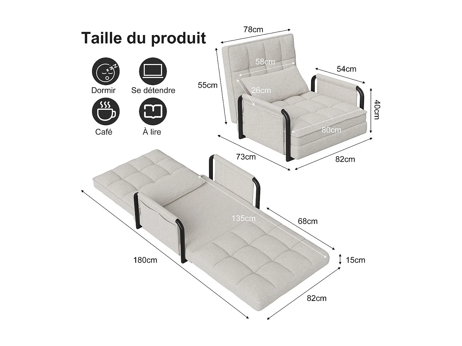 Fauteuil convertible 1 place en tissu bouclette blanc, 5 positions réglables, chauffeuse lit avec poches latérales