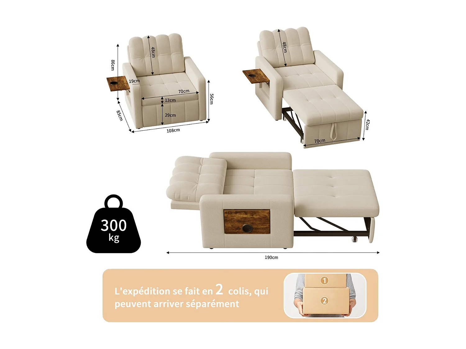 Fauteuil lit convertible 1 place en chenille beige, dossier 5 positions, tablette et poche latérale