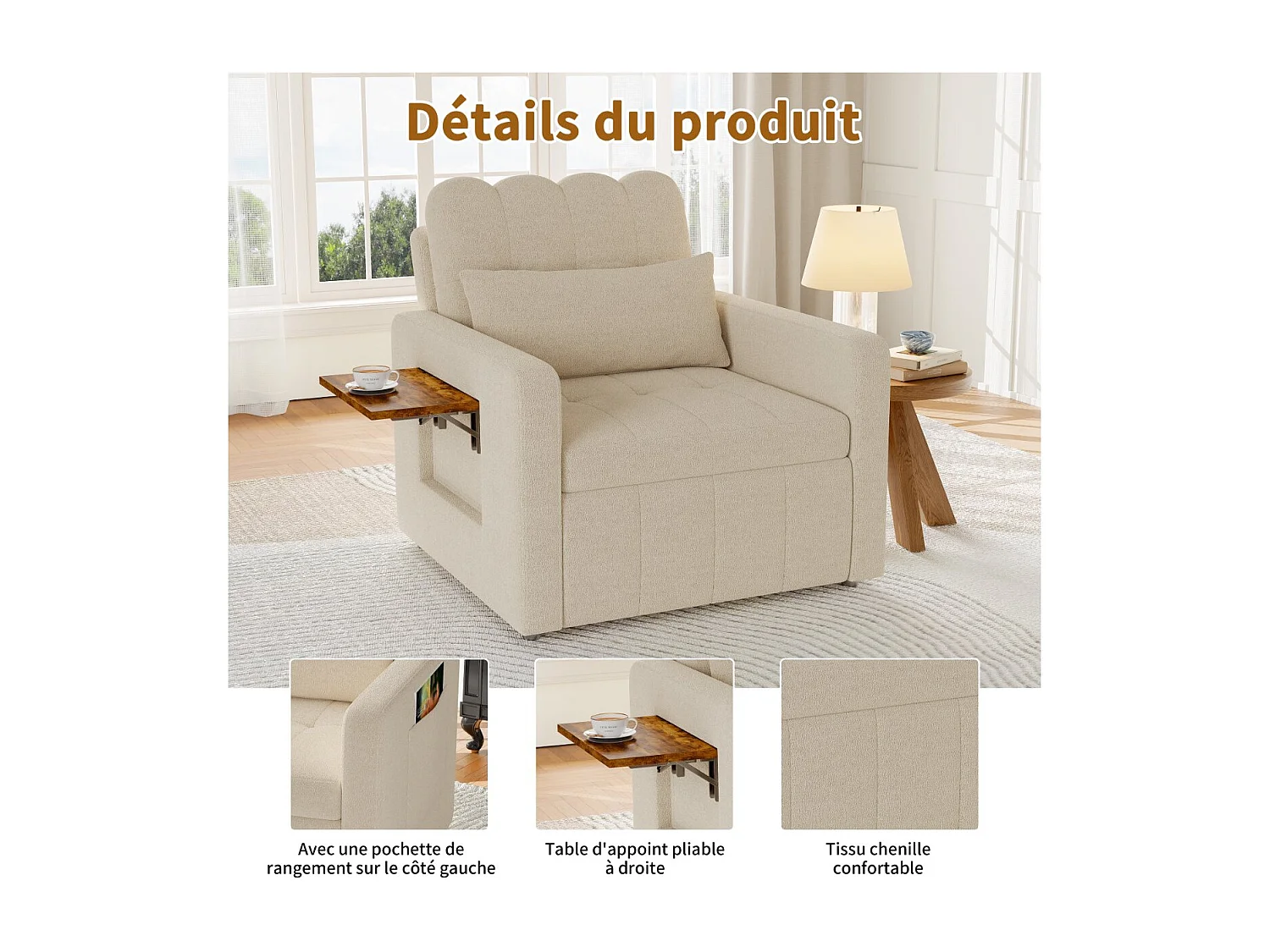 Fauteuil lit convertible 1 place en chenille beige, dossier 5 positions, tablette et poche latérale