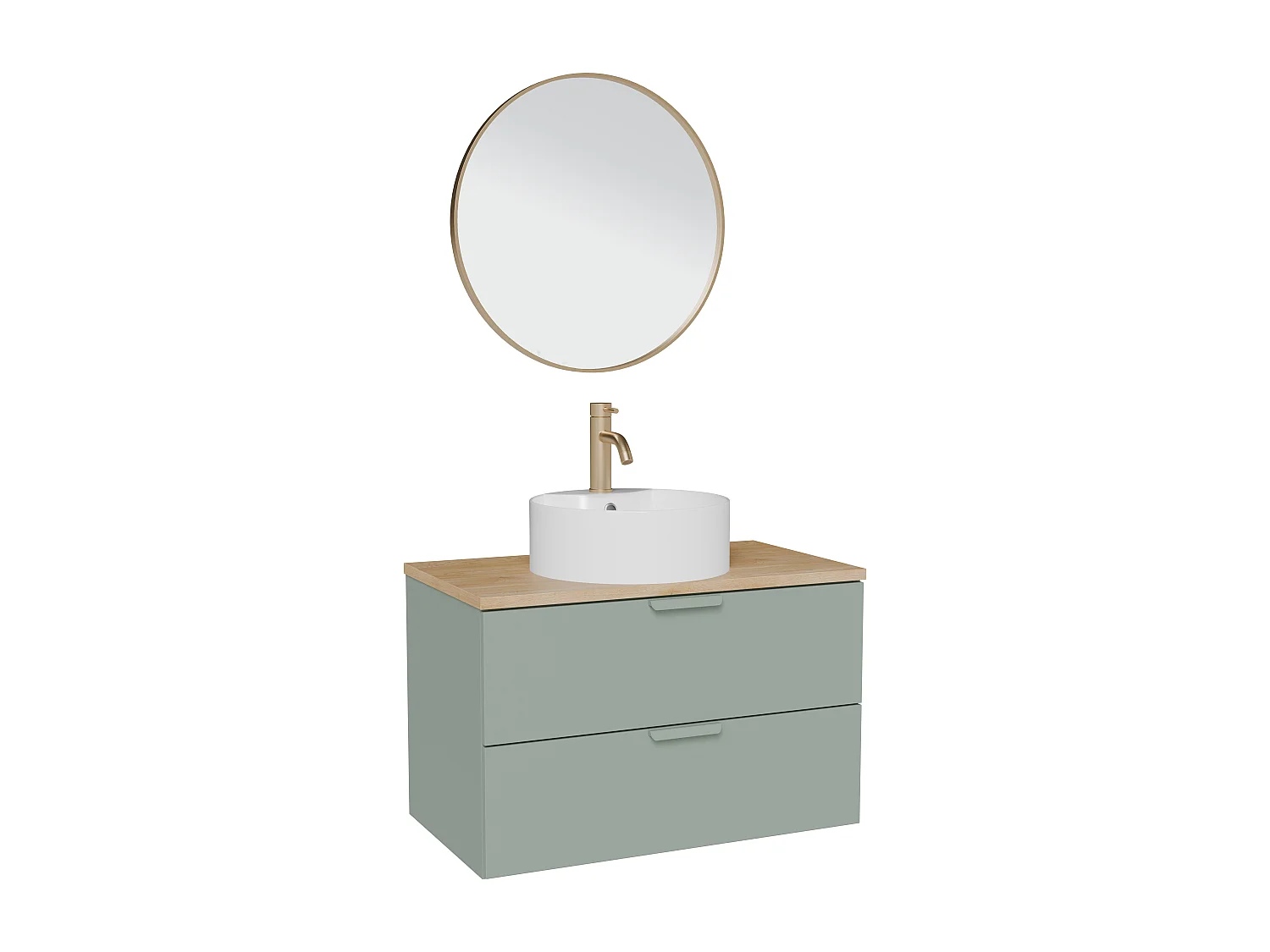 Meuble de salle de bain suspendu avec vasque à poser ronde, robinet  et miroir – Vert sauge – L80 cm – AVORELI