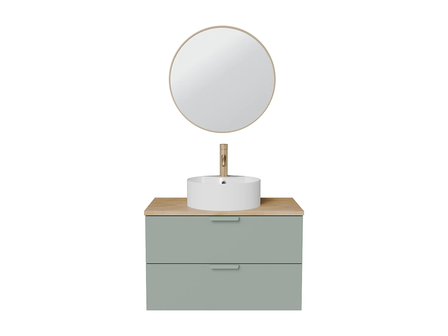 Meuble de salle de bain suspendu avec vasque à poser ronde, robinet  et miroir – Vert sauge – L80 cm – AVORELI