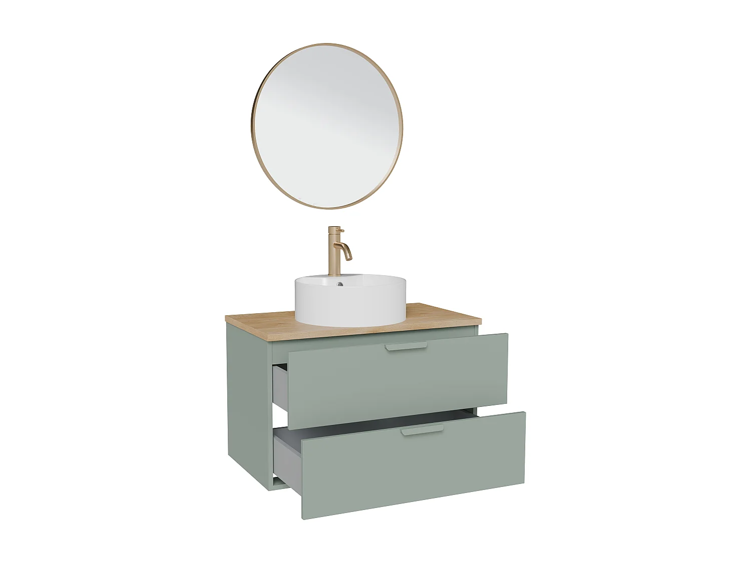 Meuble de salle de bain suspendu avec vasque à poser ronde, robinet  et miroir – Vert sauge – L80 cm – AVORELI