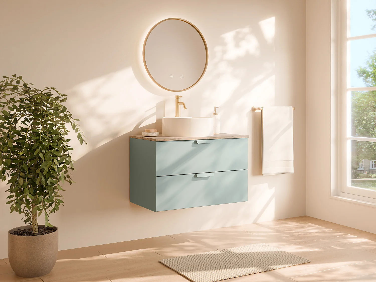 Meuble de salle de bain suspendu avec vasque à poser ronde, robinet  et miroir – Vert sauge – L80 cm – AVORELI