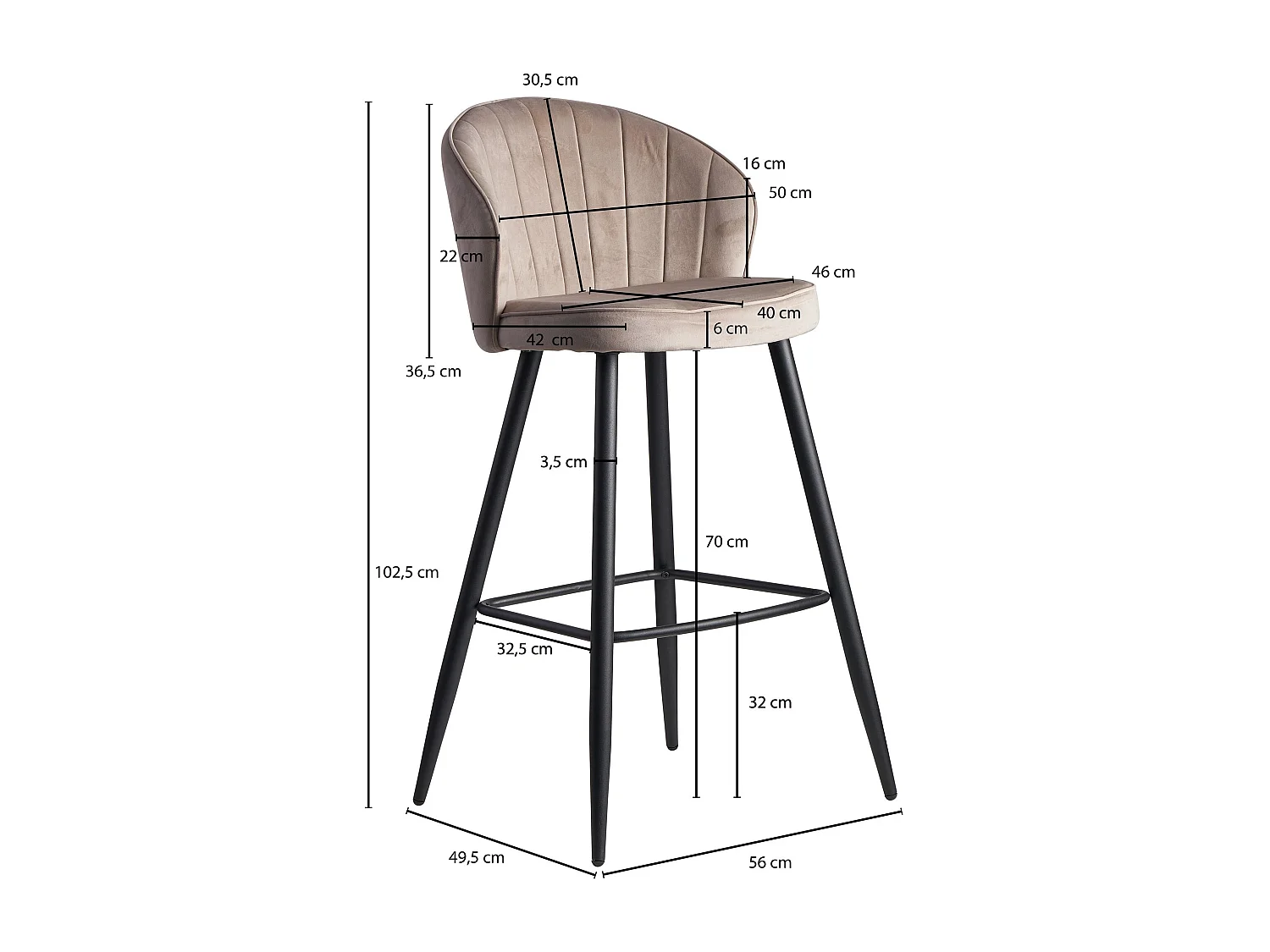 Barhocker Samt Beige Hocker mit Lehne 56x102,5x52,5 cm,