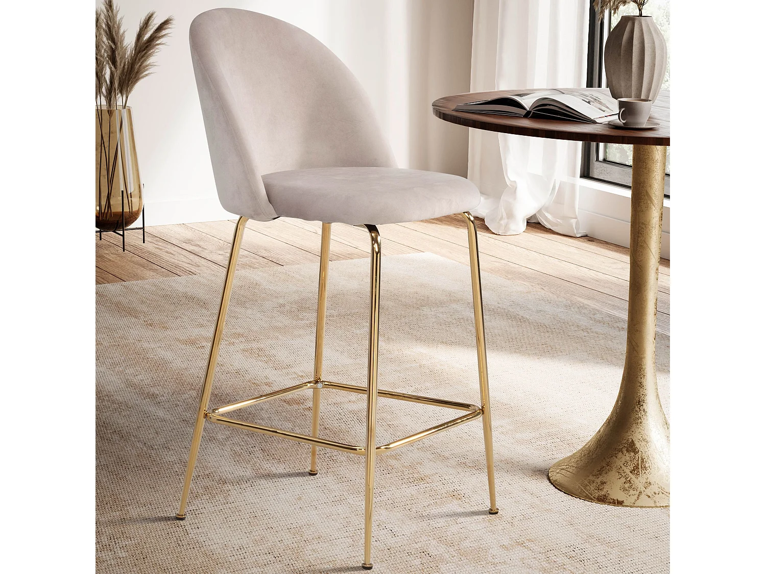 2er Set Barhocker Samt Beige Hocker mit Lehne & goldenen