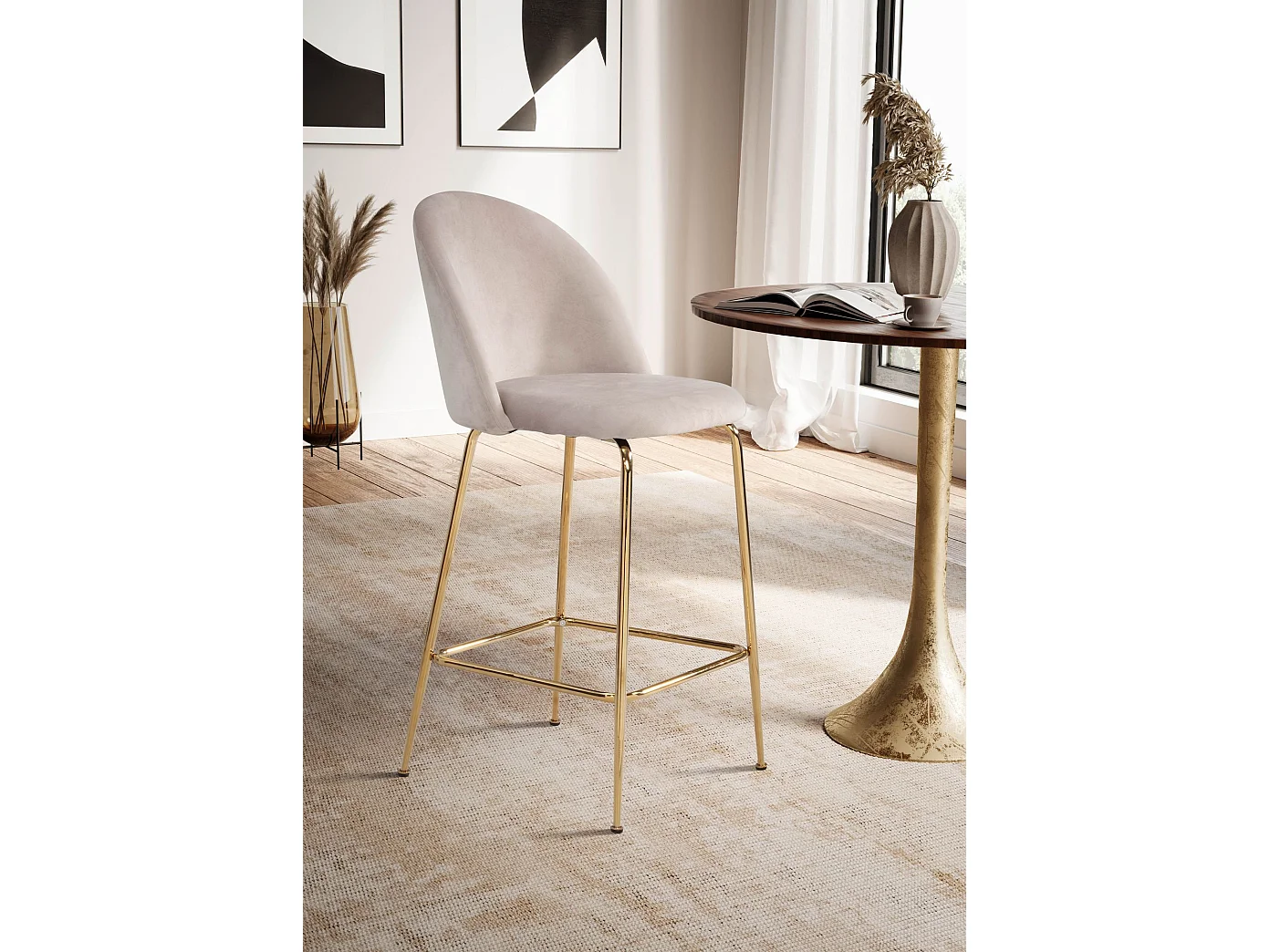 2er Set Barhocker Samt Beige Hocker mit Lehne & goldenen