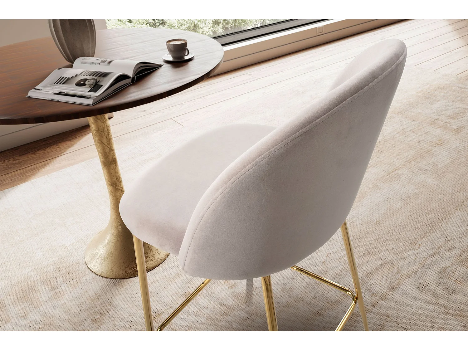 2er Set Barhocker Samt Beige Hocker mit Lehne & goldenen