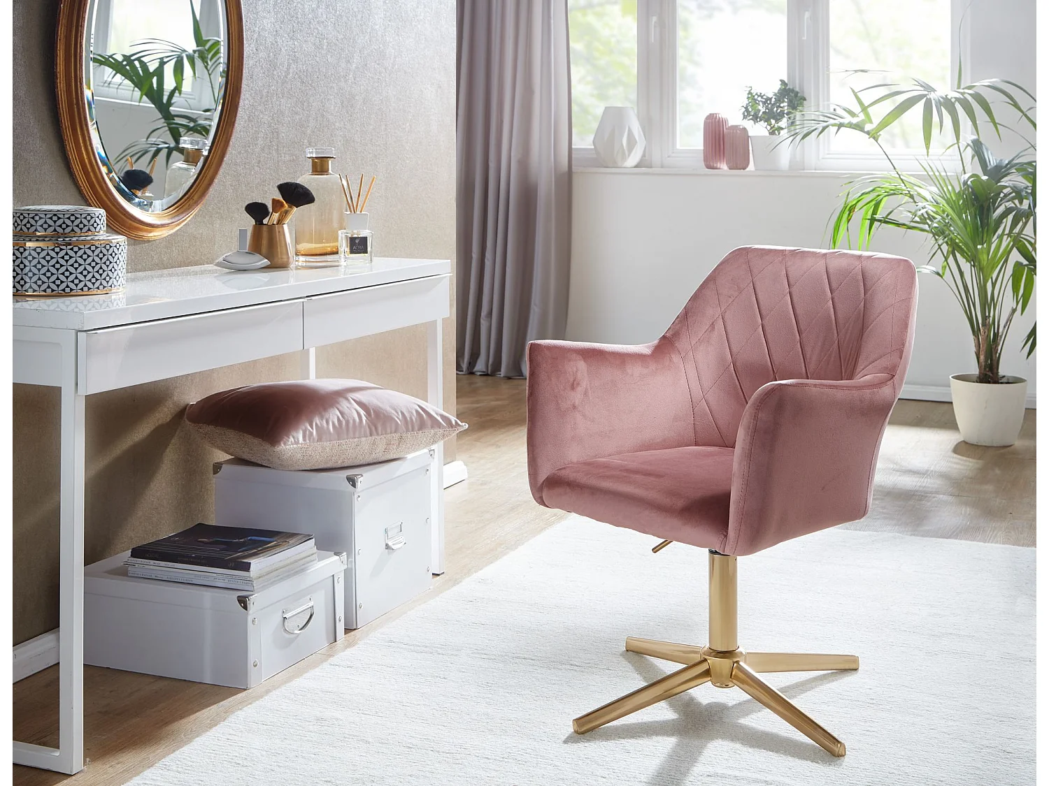 Chaise de bureau en velours rose, design pivotant avec