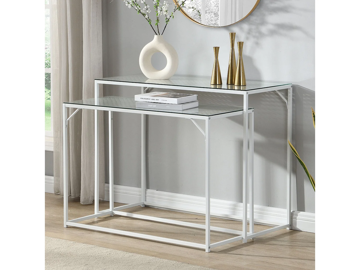 Lot de 2 consoles en métal avec plateau en verre blanc,