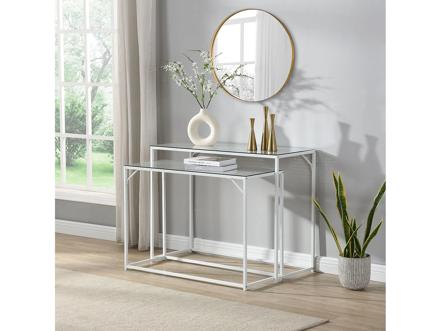 Lot de 2 consoles en métal avec plateau en verre blanc,