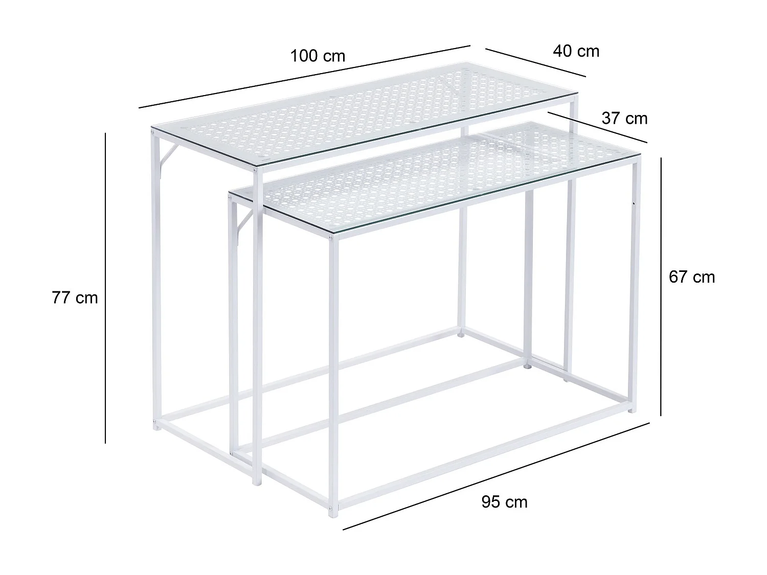 Lot de 2 consoles en métal avec plateau en verre blanc,