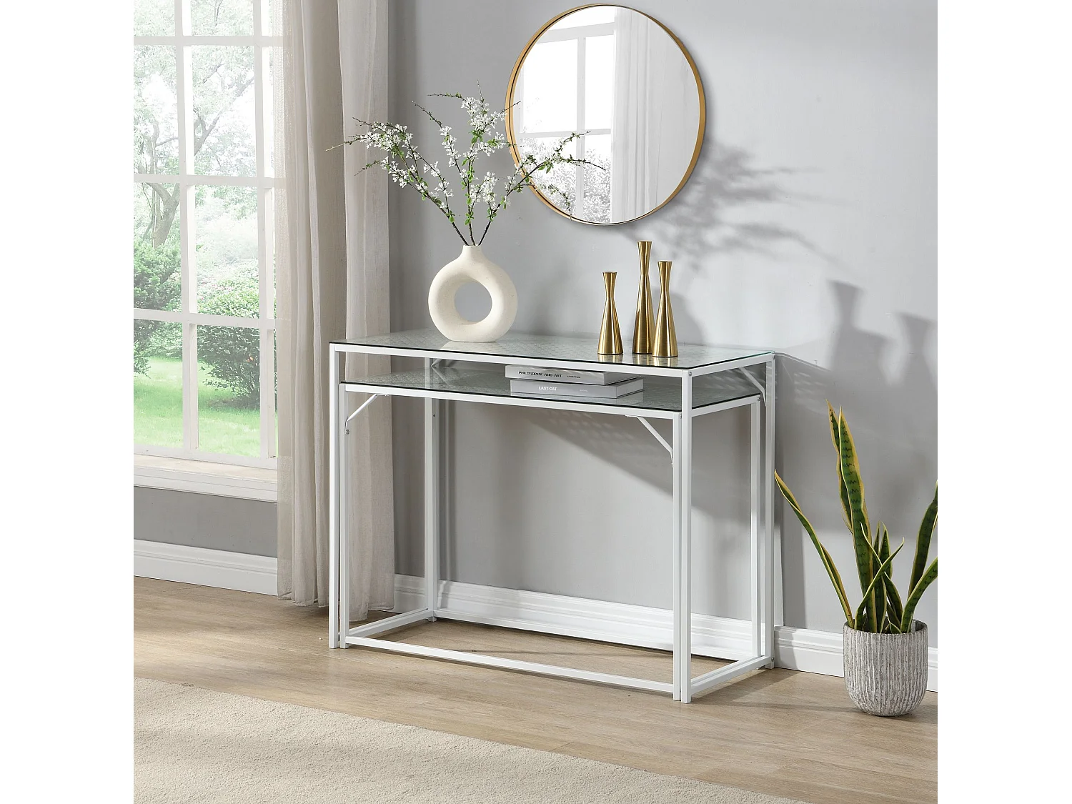Lot de 2 consoles en métal avec plateau en verre blanc,