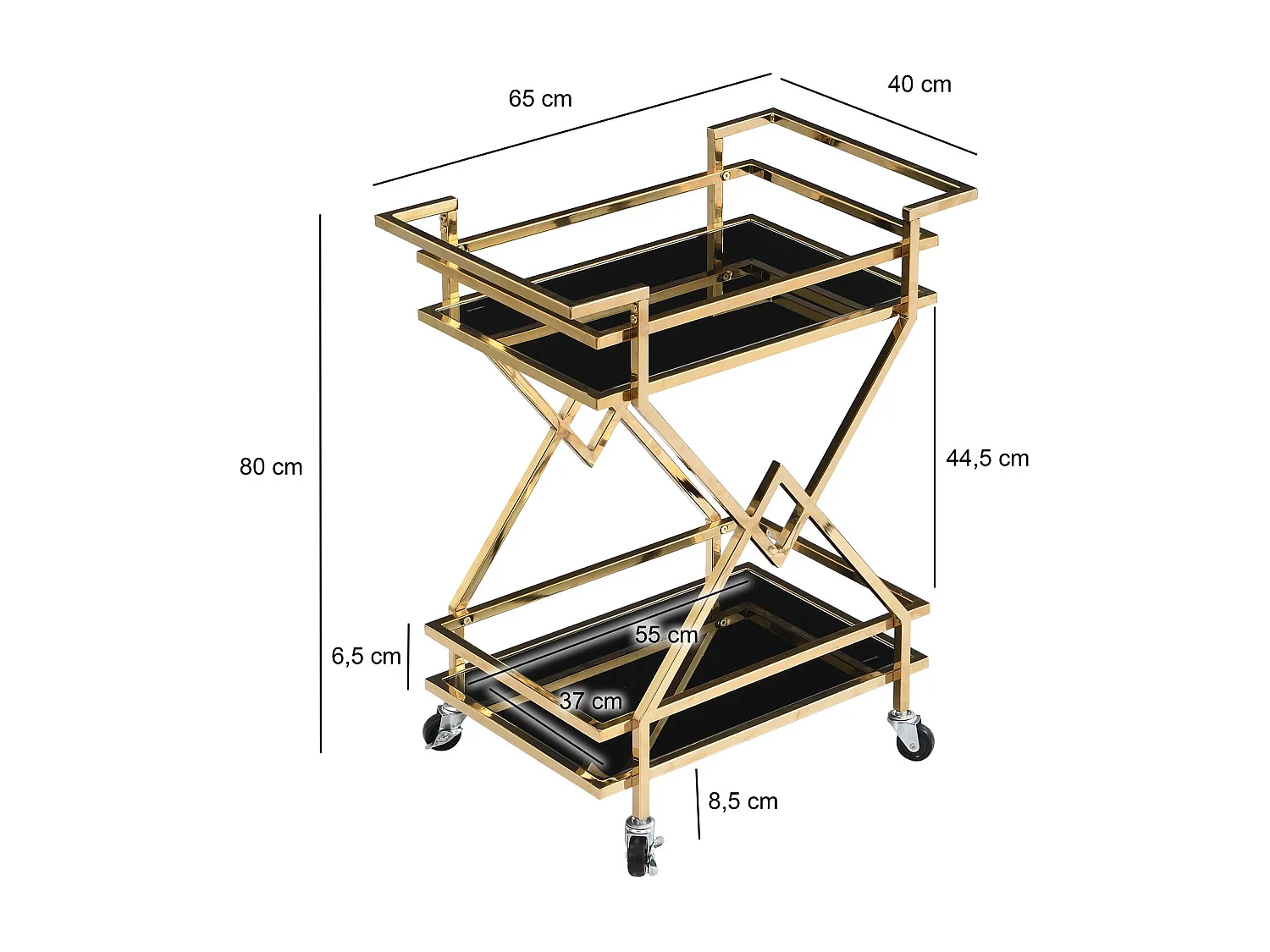 Servierwagen Gold mit Glasablagen 65x80x40 cm, Moderner