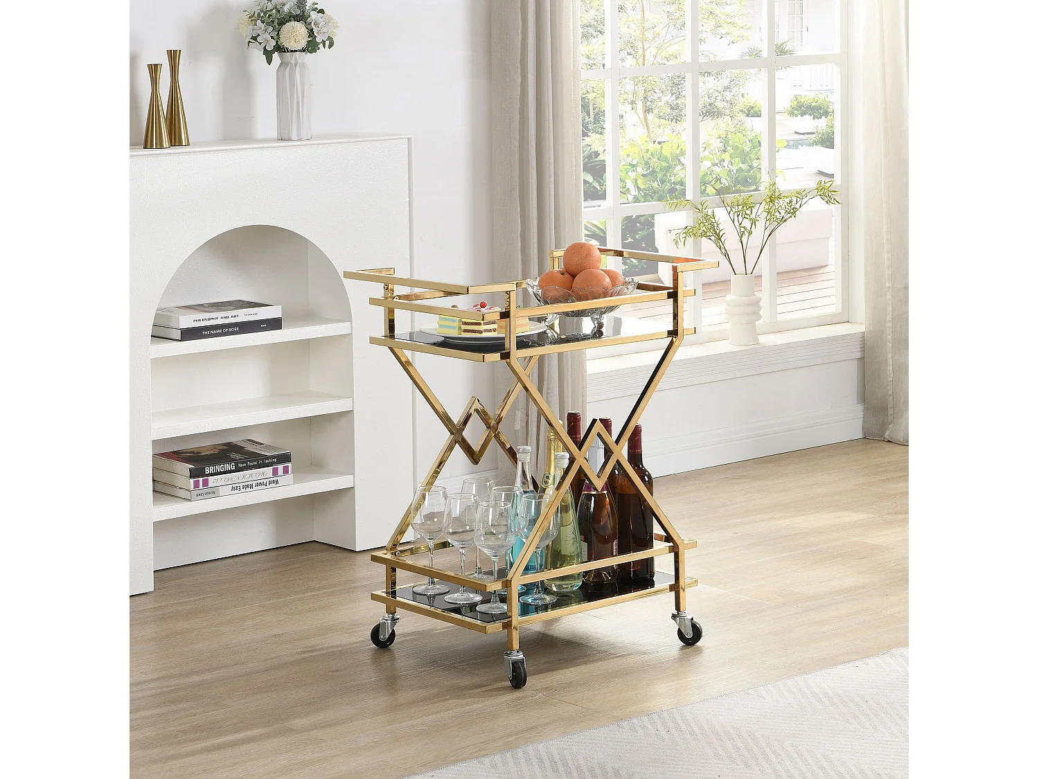 Servierwagen Gold mit Glasablagen 65x80x40 cm, Moderner