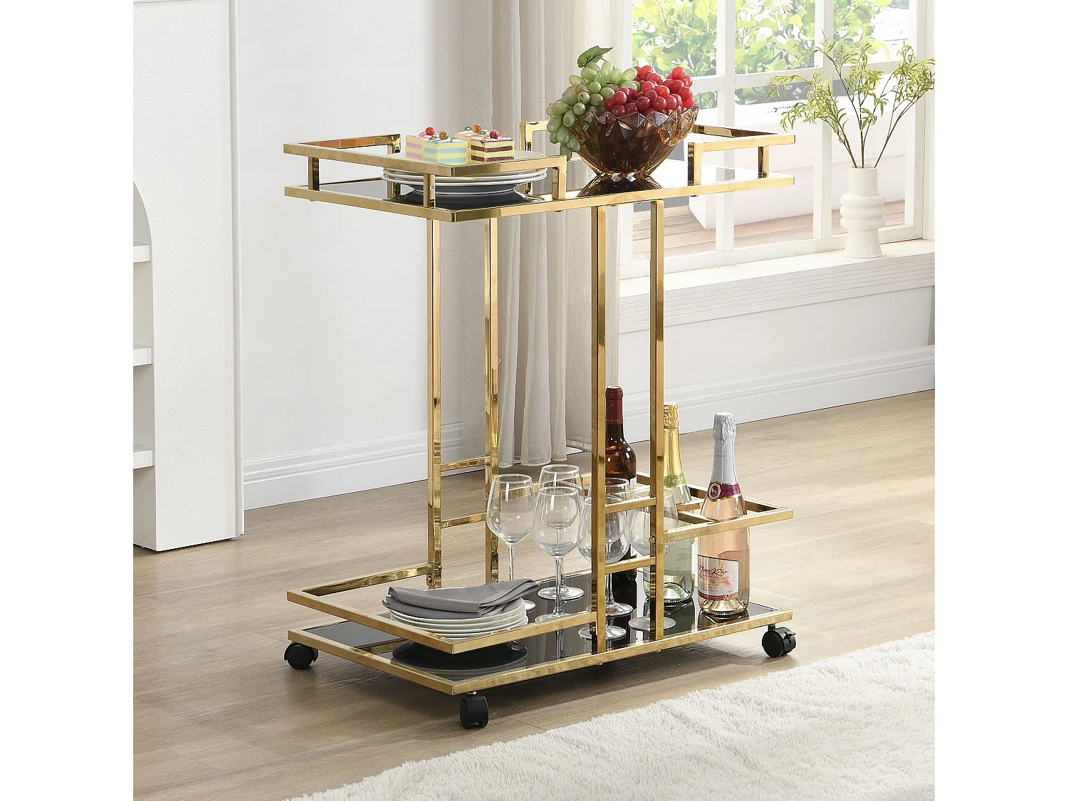 Servierwagen Gold Metall mit Glas Ablagen auf Rollen
