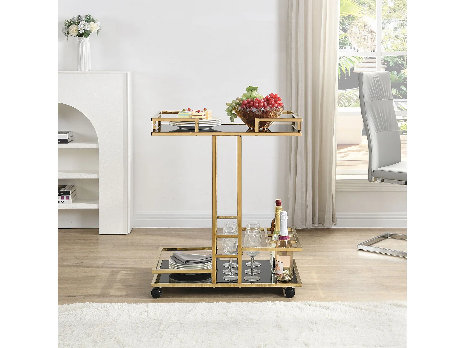 Servierwagen Gold Metall mit Glas Ablagen auf Rollen