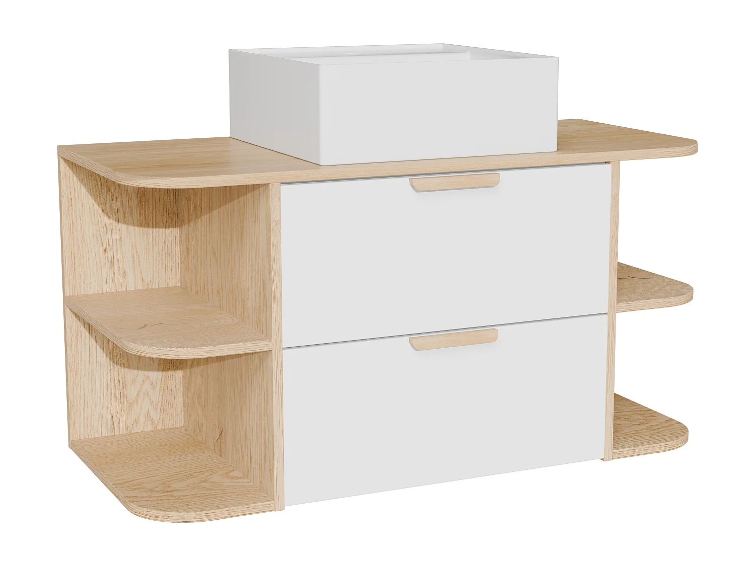 Meuble de salle de bain suspendu avec niches et vasque à poser carrée – Blanc et naturel clair – L100 cm – AVORELI