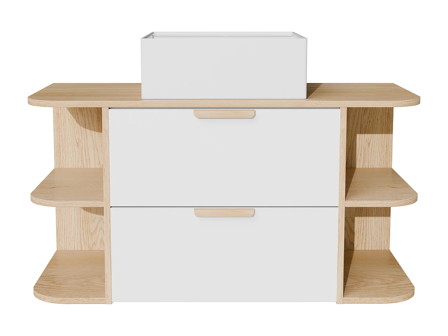 Meuble de salle de bain suspendu avec niches et vasque à poser carrée – Blanc et naturel clair – L100 cm – AVORELI