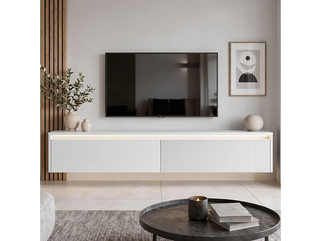 Geriffelter hängender tv-schrank - 170x34x33 cm - weiß matt - LUMI IV