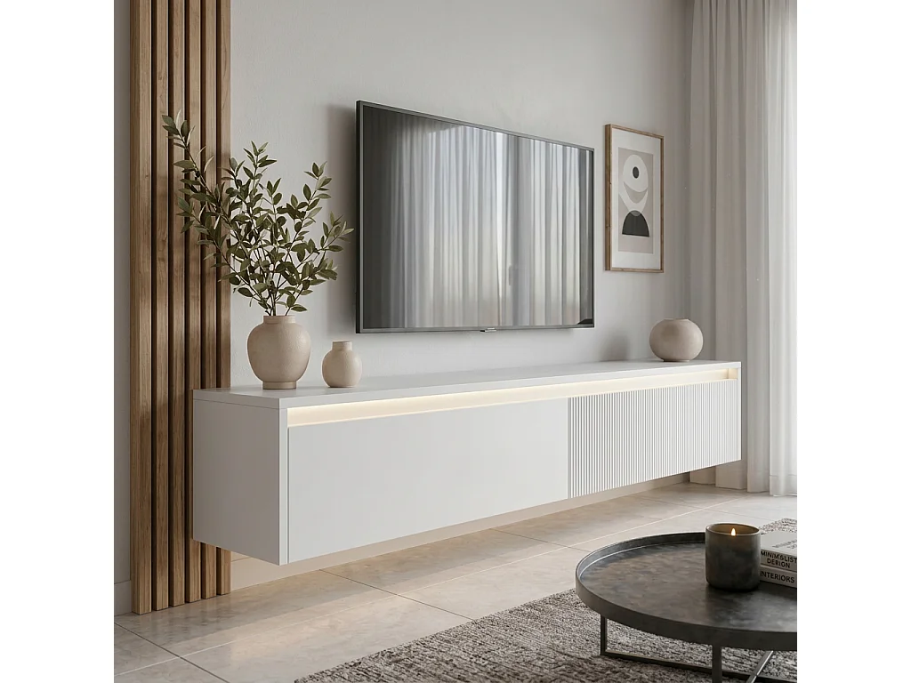 Geriffelter hängender tv-schrank - 170x34x33 cm - weiß matt - LUMI IV