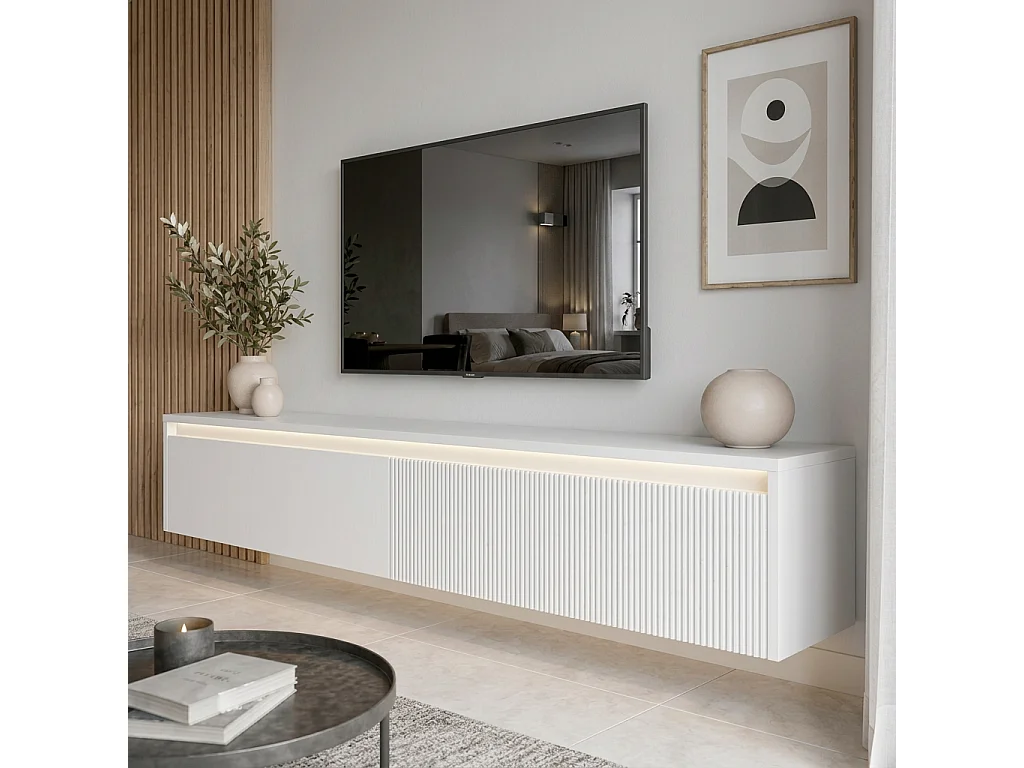 Geriffelter hängender tv-schrank - 170x34x33 cm - weiß matt - LUMI IV
