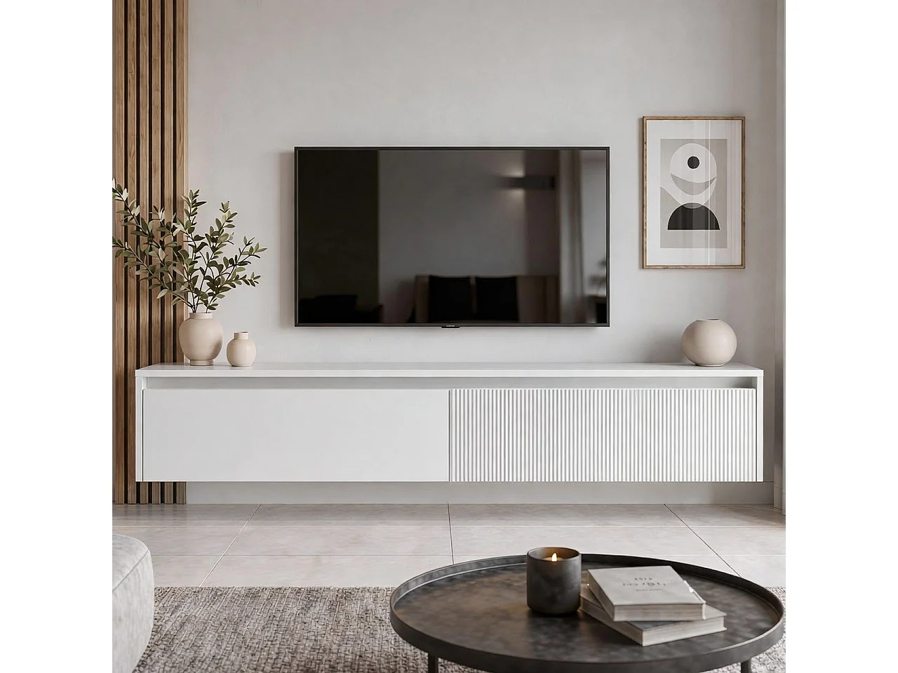 Geriffelter hängender tv-schrank - 170x34x33 cm - weiß matt - LUMI IV