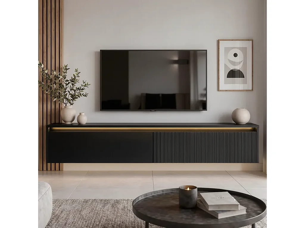 Geriffelter hängender tv-schrank - 170x34x33 cm - schwarz matt - LUMI IV