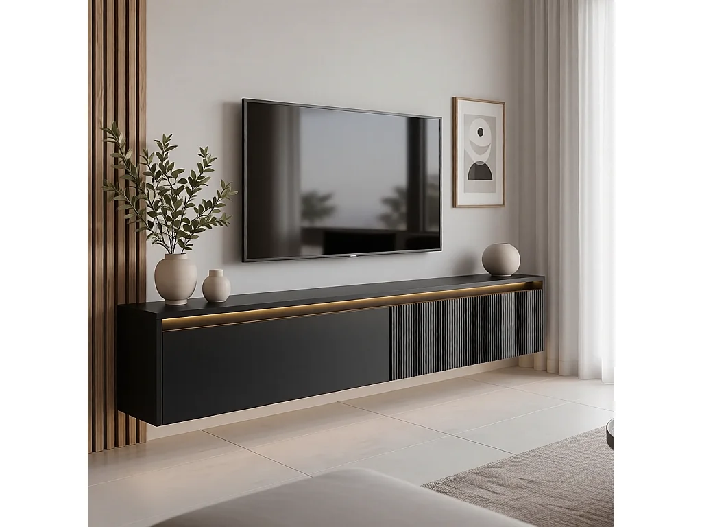 Geriffelter hängender tv-schrank - 170x34x33 cm - schwarz matt - LUMI IV