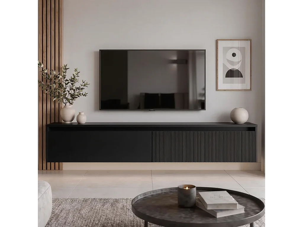 Geriffelter hängender tv-schrank - 170x34x33 cm - schwarz matt - LUMI IV