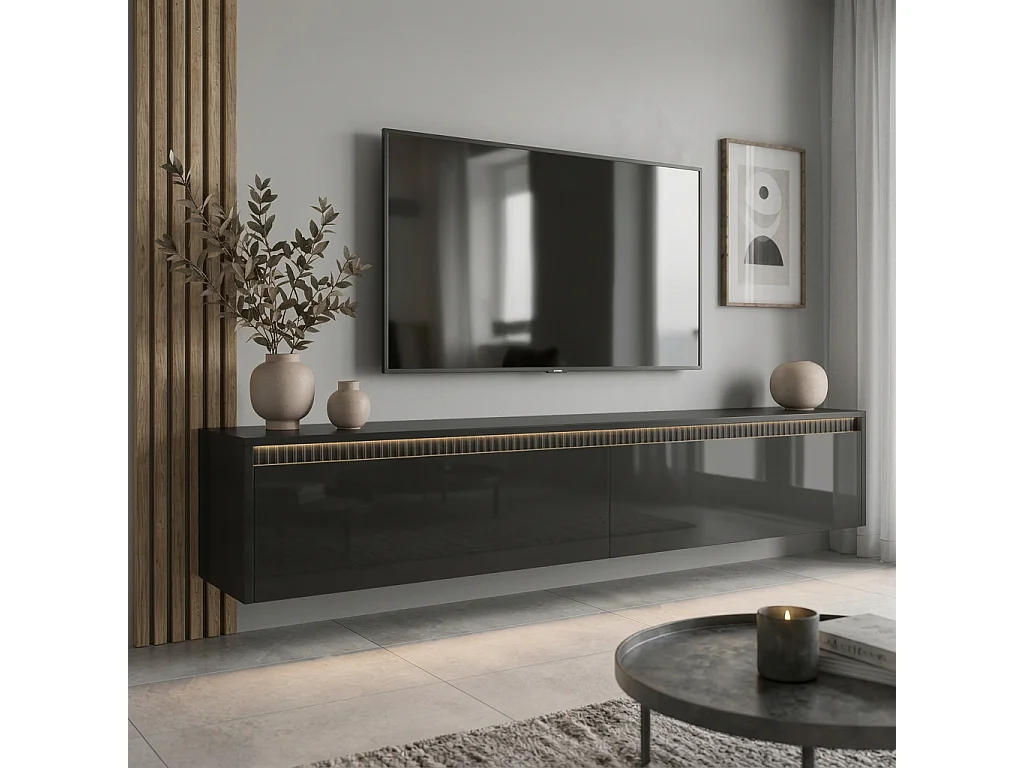 Geriffelter hängender tv-schrank - 170x34x33 cm - schwarz hochglanz - LUMI II
