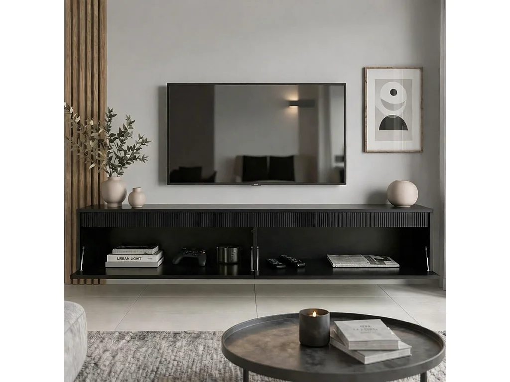 Geriffelter hängender tv-schrank - 170x34x33 cm - schwarz hochglanz - LUMI II