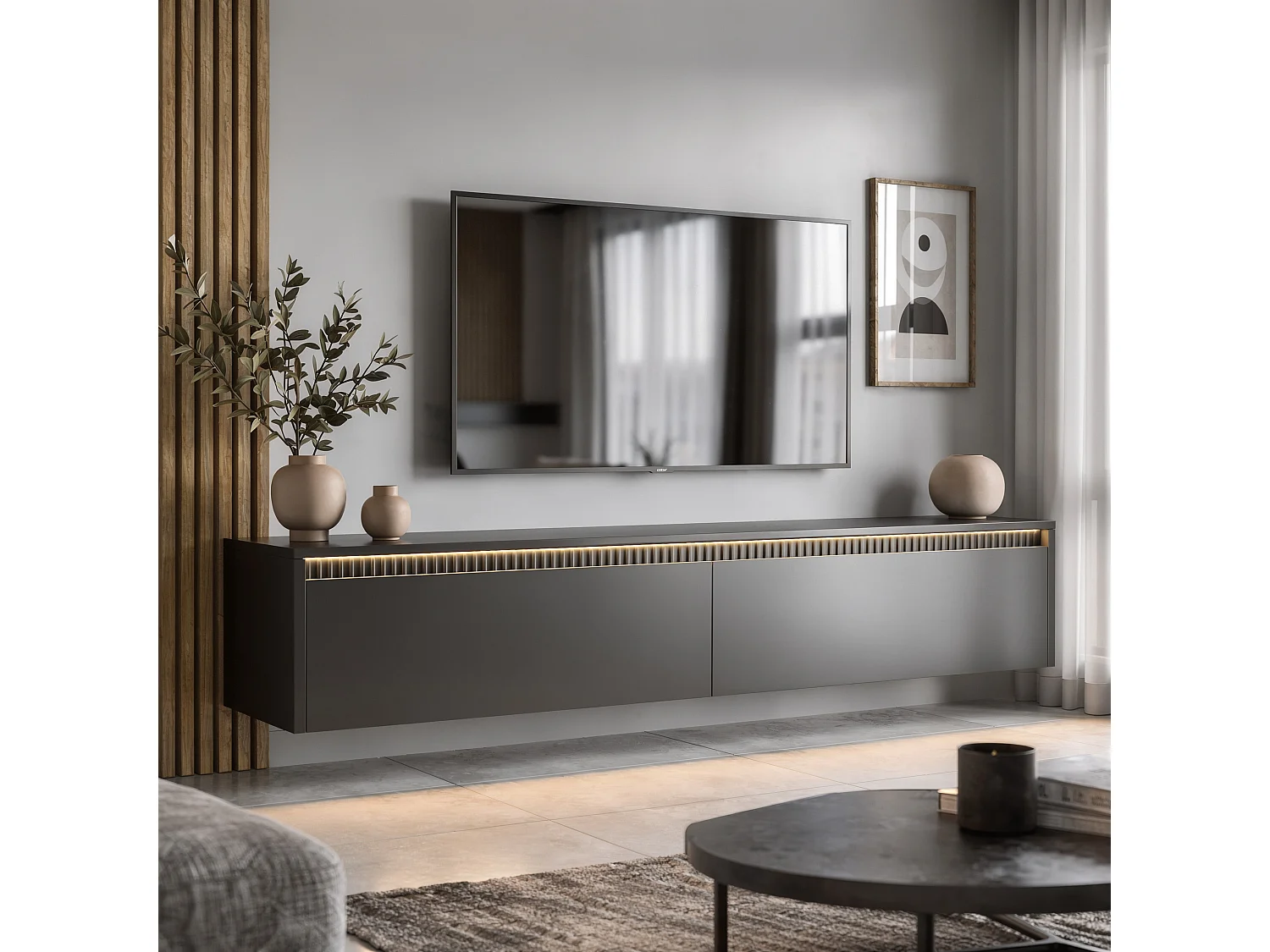 Geriffelter hängender tv-schrank - 170x34x33 cm - schwarz matt - LUMI II