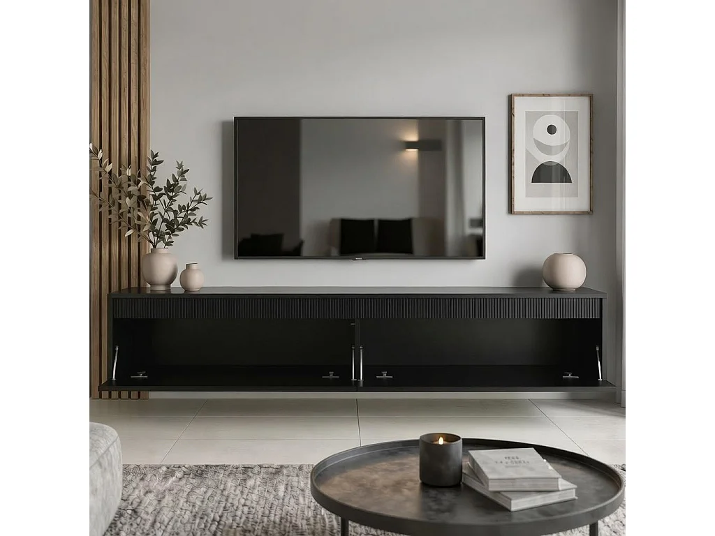 Geriffelter hängender tv-schrank - 170x34x33 cm - schwarz matt - LUMI II