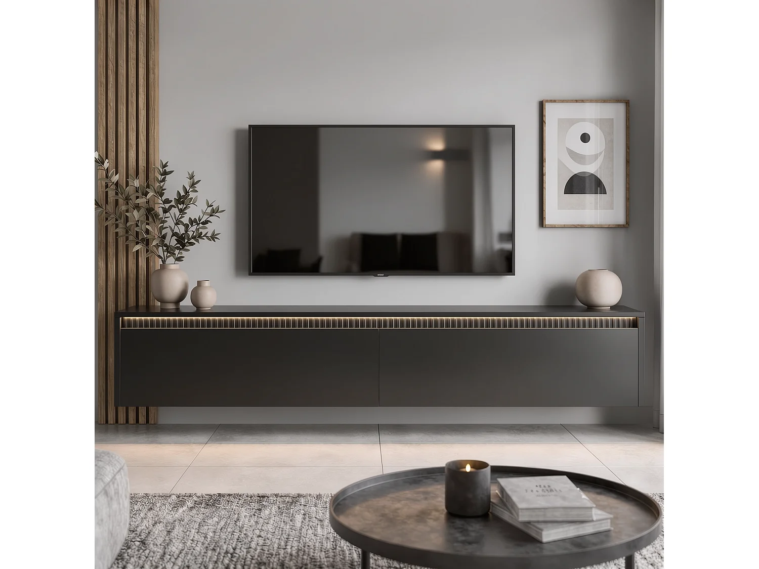 Geriffelter hängender tv-schrank - 170x34x33 cm - schwarz matt - LUMI II