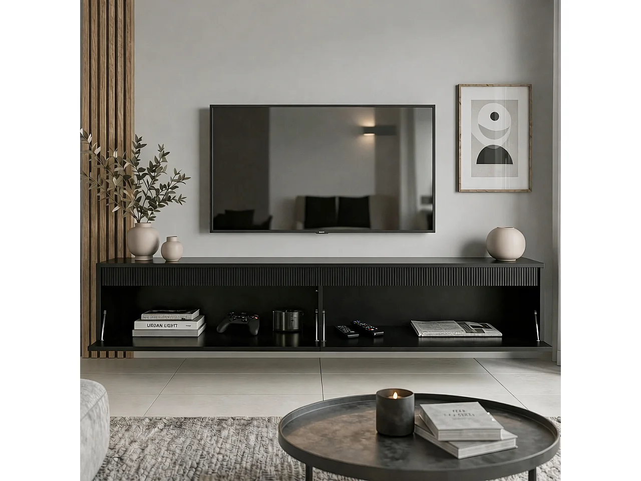 Geriffelter hängender tv-schrank - 170x34x33 cm - schwarz matt - LUMI II