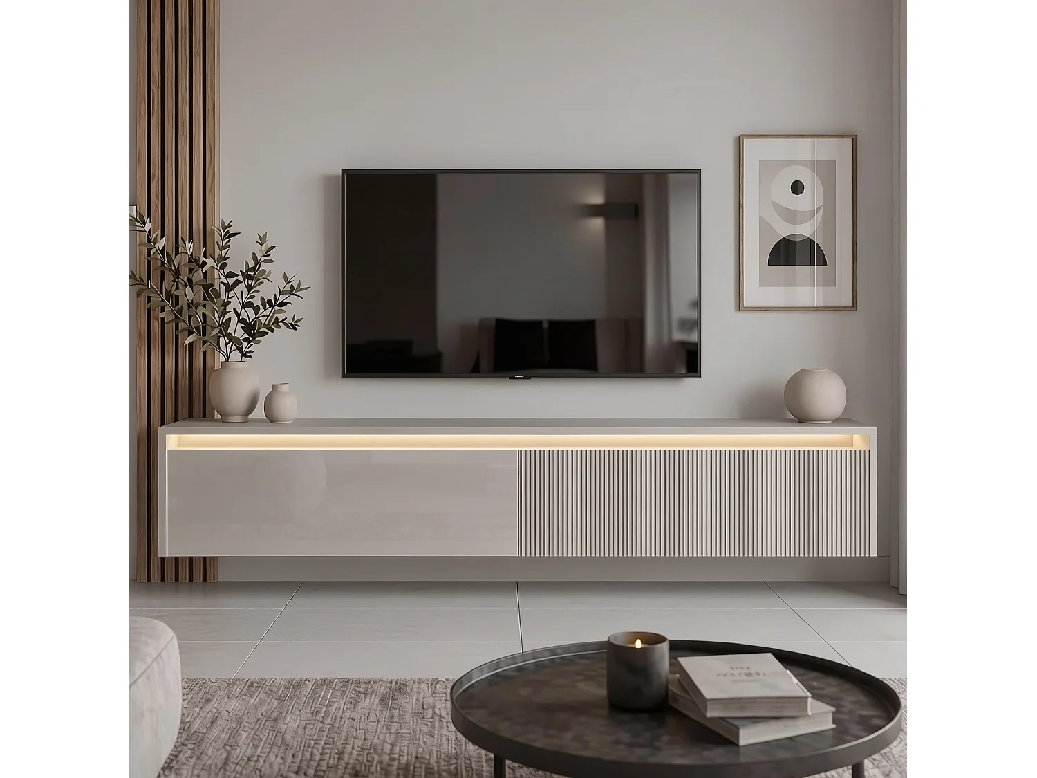 Geriffelter hängender tv-schrank - 170x34x33 cm - kaschmir hochglanz - LUMI IV