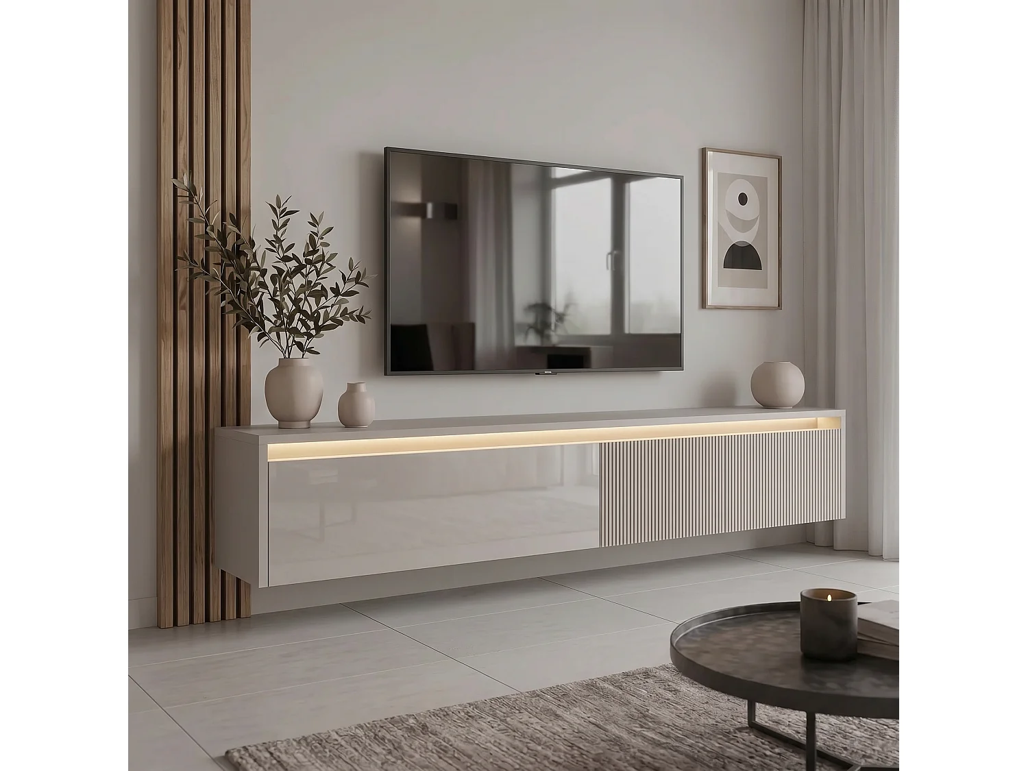 Geriffelter hängender tv-schrank - 170x34x33 cm - kaschmir hochglanz - LUMI IV