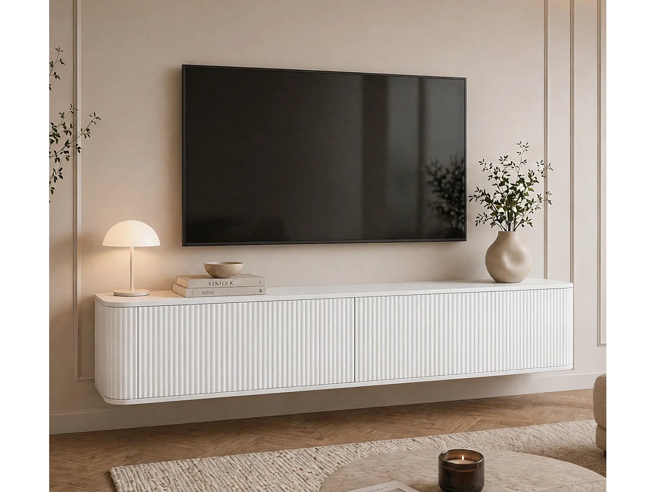 Geriffelter hängender TV-Schrank, 170x34x33 cm, Weiß Matt DALIA
