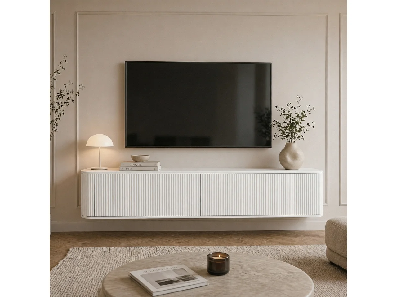 Geriffelter hängender TV-Schrank, 170x34x33 cm, Weiß Matt DALIA
