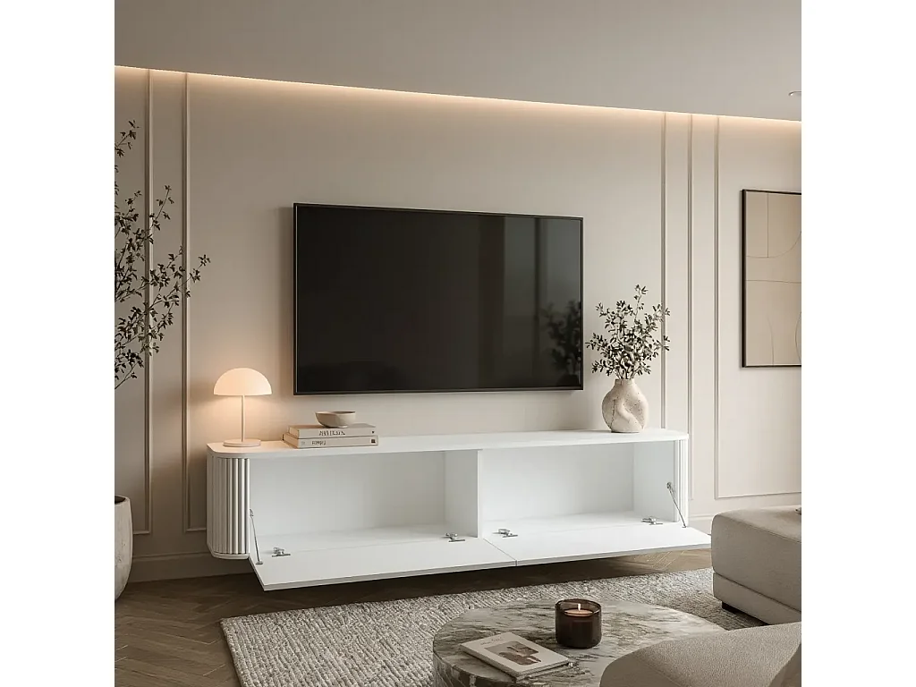 Geriffelter hängender TV-Schrank, 170x34x33 cm, Weiß Matt DALIA