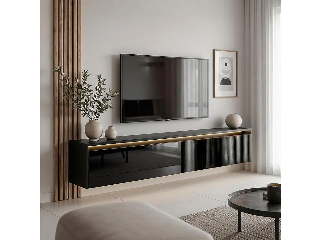 Geriffelter hängender tv-schrank - 170x34x33 cm - schwarz hochglanz - LUMI IV