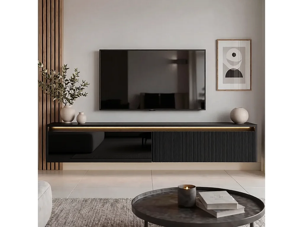 Geriffelter hängender tv-schrank - 170x34x33 cm - schwarz hochglanz - LUMI IV
