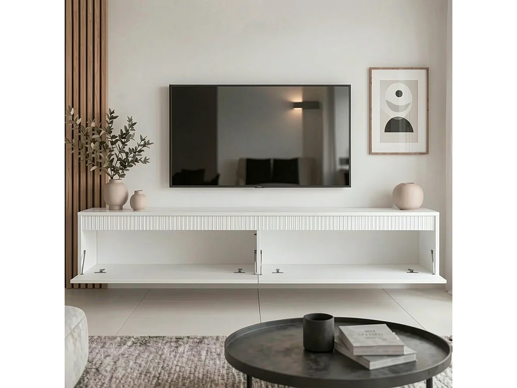 Mobile tv sospeso rigato - 170x34x33 cm - bianco opaco - LUMI