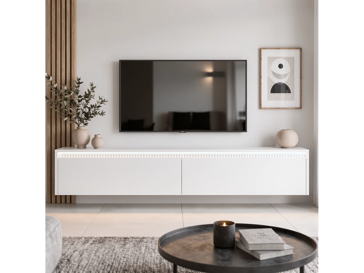 Mobile tv sospeso rigato - 170x34x33 cm - bianco opaco - LUMI