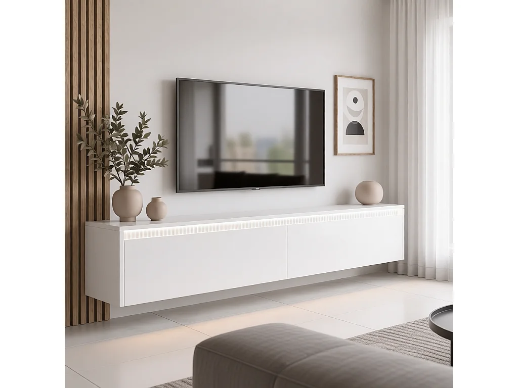 Mobile tv sospeso rigato - 170x34x33 cm - bianco opaco - LUMI