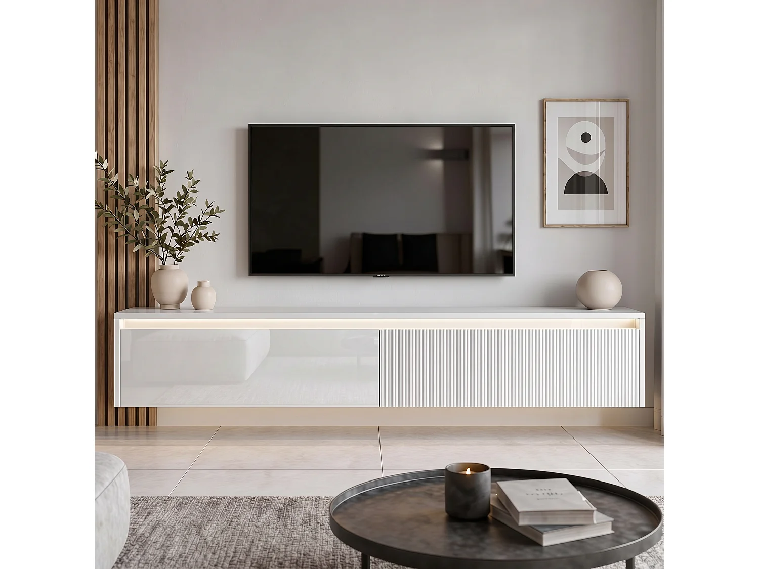 Geriffelter hängender tv-schrank - 170x34x33 cm - weiß hochglanz - LUMI IV